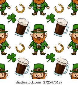 Saint Patrick's Day seamless vector pattern with leprechauns, shamrocks, horseshoes, and beer mugs