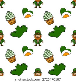 Patrón de Vector sin fisuras del día de San Patricio con duendes, corazones de la bandera irlandesa y cupcakes festivos