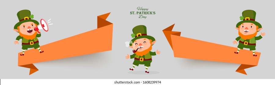 Saint Patricks Day set of banners with leprechauns, smoking pipe, shamrock clover, megaphone in national colors. Isolated stickers for festive advertising design with place for text