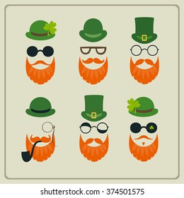 Saint Patrick's Day set of characters leprechaun with green hat, red beard, smoking pipe,  and glasses