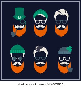 Saint Patrick's Day set of characters leprechaun with green hat, red beard, smoking pipe, and glasses