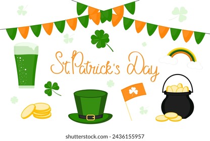 Saint patricks day set of design elements. Clover, shamrock, coins, beer, hat, pot, flags. Collection for cards, scrapbooking, stickers, banner, poster.