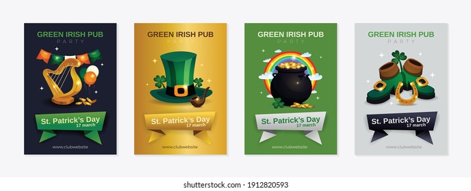 Conjunto de días de San Patricio de cuatro afiches verticales con símbolos y cintas tradicionales con ilustración de vector de texto editable