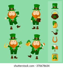 Saint Patrick's Day set. Four leprechauns and traditional elements: hat, pot of gold, smoke pipe, horseshoe, clover, beer and calendar. Vector illustration