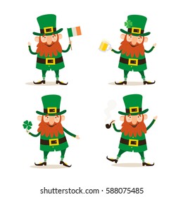 Día de los Patrocinadores. Conjunto de cuatro divertidos Leprechauns en diferentes poses.