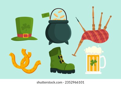 St. Patricks Tag Set. Grüner Hut und Stiefel in der Nähe von Kessel. Traditionelle irische Urlaubselemente. Kluge und goldene Hufeisen. Cartoon-flache Vektorgrafik einzeln auf grünem Hintergrund