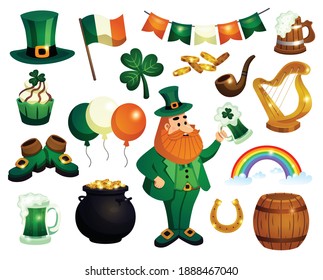 Saint patricks day set of isolated decorations icons of drinks irish national symbols and funny costume vector illustration