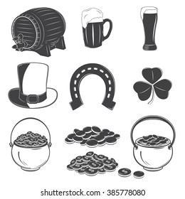 Saint Patrick's Day set. Luck of the Irish. Detailed elements. Typographic labels, stickers, logos and badges. Flat vector illustration