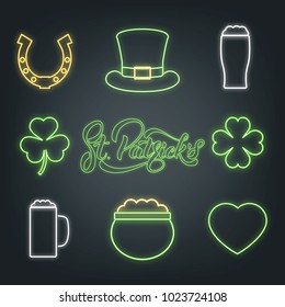 Saint Patrick's Day. Set of neon glowing design element. Saint Patrick neon set