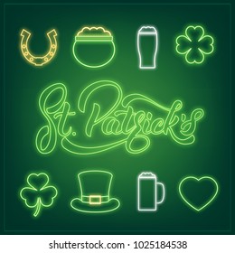 Saint Patrick's Day. Set of neon icons and St. Patrick's lettering. Patrick Day design elements