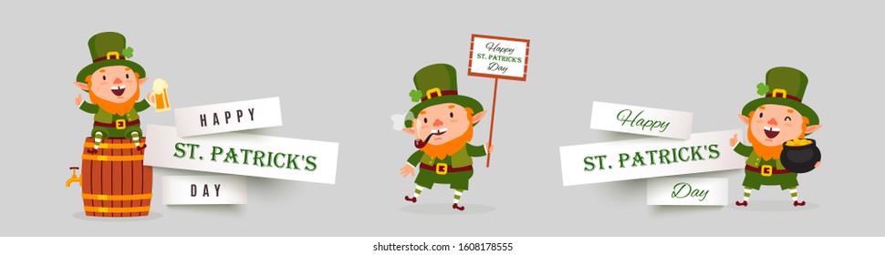 Saint Patricks Day set of paper cut vector banners with leprechauns with pot of gold coins, poster, pint of beer. Isolated festive design elements with funny traditional characters