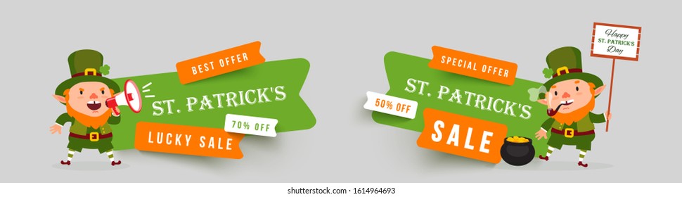 Saint Patricks Day set of paper cut vector banners. Leprechaun with pot of gold, megaphone, clover leaves. Isolated stickers for festive design with funny traditional character