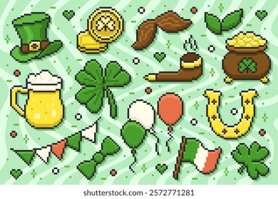 Saint Patrick's Day Set of Pixel Objects. Horseshoe, shamrock, coins, hat, beer, mustache and other