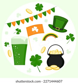 Saint Patricks Day set. St Patricks Day Traditions. Pot of gold coins, flag, shamrocks, green hat, beer, rainbow, luck.