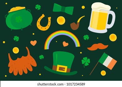 Saint Patrick's Day. Set traditional elements: hat, pot of gold, smoke pipe, flag of Ireland, horseshoe, clover, beard, mustache, beer pint on green background.