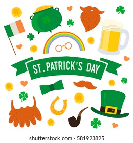 Saint Patrick's Day. Set traditional elements: hat, pot of gold, smoke pipe, flag of Ireland, horseshoe, clover, beard, mustache, beer pint.