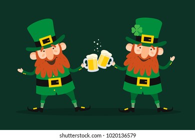 Saint Patrick's Day. Set of two funny Leprechauns with beer pints on green background.