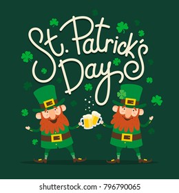 Saint Patrick's Day. Set of two funny Leprechauns with inscription: «Saint Patrick's Day» on green background. Vector illustration.