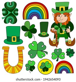 Saint Patrick's Day set white isolated stock vector illustration. Cartoon leprechaun, rainbow, clovers and more colorful square sticker pack. Green irish spring holidays cartoon traditional symbols