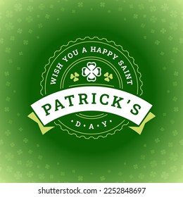 Saint Patrick's Day shamrock clover vintage greeting card typographic template vector illustration. Irish culture circle badge with ribbon festive lucky leaf ornate green background decor design