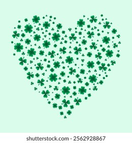 Saint Patricks Day shamrock heart. Green heart from clover leaves. St. Patricks Day background. Vector template for greeting card, flayer, brochure, social media. 