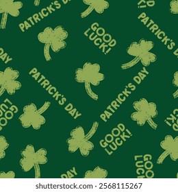 Saint Patricks day shamrock seamless pattern. Seamless pattern of green clover leaves on a dark green background. Vector seamless background St. Patrick's Day. Three-leaf clover on green background.