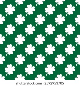 Saint Patricks Day shamrock seamless pattern. Shamrock leaves on green background. St. Patricks Day backdrop. Vector template for fabric, textile, wallpaper, wrapping paper, scrapbooking, etc