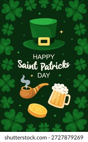 Saint Patricks Day cartão de saudação simples com chapéu de topo verde. Conjunto de elementos incluem moeda, cachimbo de fumar e caneca de cerveja. Ilustração de vetor desenhada à mão.