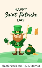 Tarjeta de felicitación simple del día de San Patricio con el duende lindo y la bandera irlandesa. Conjunto de Elementos incluyen sombrero de copa, trébol y bolsa de dinero. Ilustración vectorial dibujada a mano.