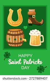 Saint Patricks Day cartão de saudação simples com ferradura, bota, barril e caneca de cerveja. Ilustração de vetor desenhada à mão.