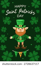 Saint Patricks Day cartão de saudação simples com leprechaun bonito e quadro de trevo. No fundo verde escuro. Ilustração de vetor desenhada à mão.