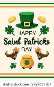 Saint Patricks Day cartão de saudação simples com chapéu de topo verde. O conjunto de elementos inclui moedas, trevos e botas. Ilustração de vetor desenhada à mão.