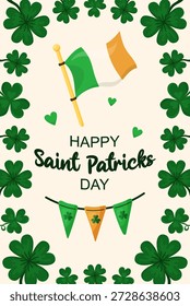 Saint Patricks Day einfache Grußkarte mit irischer Flagge, Girlande und Klee Rahmen. Handgezeichnete Vektorgrafik.