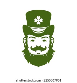 Saint Patrick's Day smiling male leprechaun portrait Irish lucky clover hat vintage icon vector flat illustration. Celtic folklore culture troll gnome bearded happy face mustache fortune success