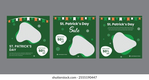 Saint Patrick's day Social media post template . Stripe green background with clover decoration,