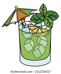 Saint Patricks Day special gin basil smash green cocktail with lemon and Irish flag umbrella decoration. Doodle cartoon vector illustration isolated on white background