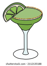 Saint Patricks Day special green Margarita garnished with lime and orange salt rim. Doodle cartoon vector illustration isolated on white background. For greeting card, party poster, invitations