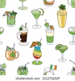 Saint Patricks Day special green cocktails seamless pattern vector illustration in cartoon doodle style.Margarita, Martini, Irish Coffee, Old Fashioned and other. Irish flag, rainbow and clover decor