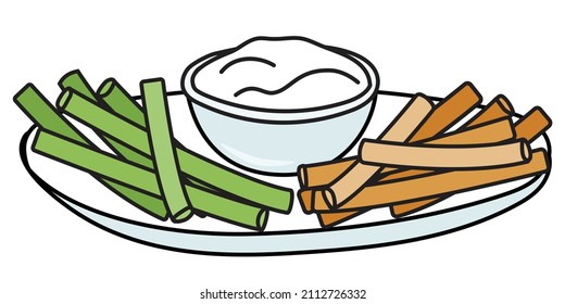 Saint Patricks Day special green white orange Irish flag celery and carrot sticks with sauce on a plate. Doodle cartoon vector illustration isolated on white. For greeting card, sticker or invitation