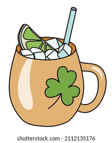 Saint Patricks Day special Irish Moscow mule cocktail with lime in copper mug. Doodle cartoon vector illustration isolated on white background. For greeting card, party poster, invitation or sticker