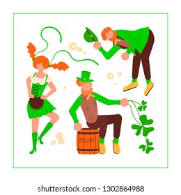 Saint Patrick's Day square banner. Cute cartoon leprechauns holding mugs of beer dancing. Flat Art Vector illustration
