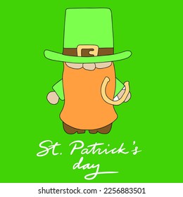 Saint Patrick's Day square banner. Leprechaun with horseshoe. Vector illustration. 