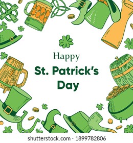 Saint Patrick's Day square frame template. Traditional objects - hat, shamrock, beer, pan, pot. Hand drawn vector sketch illustration