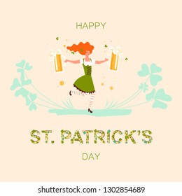 Saint Patrick's Day square greeting banner. Cute cartoon leprechauns holding mugs of beer dancing. Flat Art Vector illustration