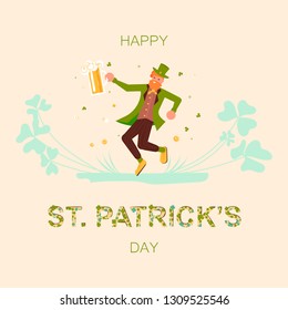Saint Patrick's Day square greeting banner. Cute cartoon leprechauns holding mugs of beer dancing. Flat Art Vector illustration