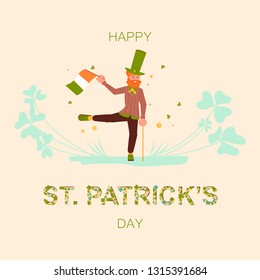 Saint Patrick's Day square greeting banner. Cute cartoon leprechauns holding Irish flag and dancing. Flat Art Vector illustration