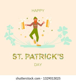 Saint Patrick's Day square greeting banner. Cute cartoon leprechauns holding mugs of beer dancing. Flat Art Vector illustration