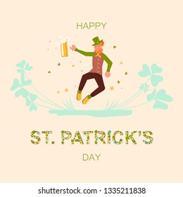 Saint Patrick's Day square greeting banner. Cute cartoon leprechauns holding mugs of beer dancing. Flat Art Vector illustration