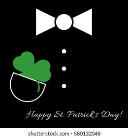 Saint Patricks Day square greeting card - black suit with green clover in pocket, white bow tie, three buttons and text