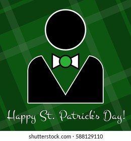 Saint Patricks Day square greeting card, figure with black suit and light green, white bow tie, text in front of green tartan